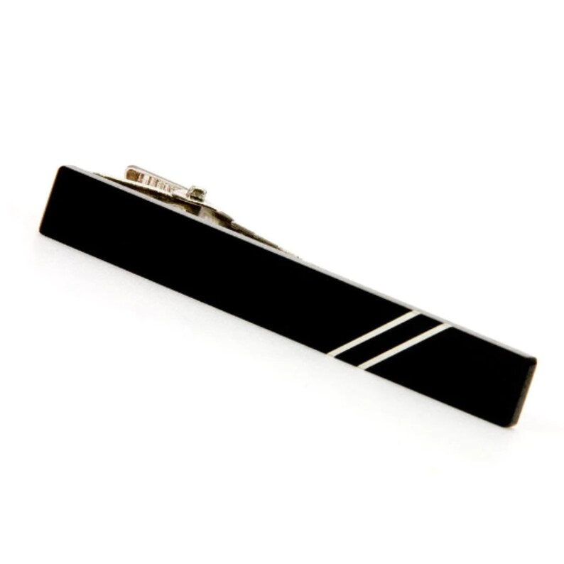 Black Wooden Tie Clip With Silver Inlay Mens Gift, Ebony Wood Tie Bar 5th Anniversary Gift For Husband or Boyfriend, Gift For Fathers Day image 2