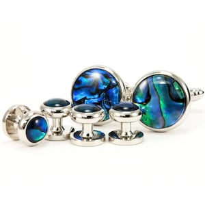 Blue Paua Shell Silver Cufflinks Tuxedo Stud Set, Groom Wedding Gift