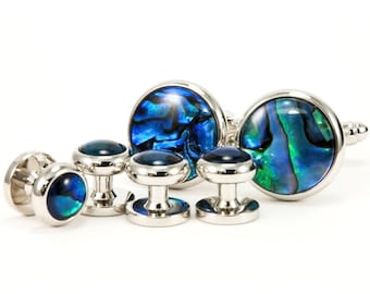 Blue Paua Shell Silver Cufflinks Tuxedo Stud Set, Groom Wedding Gift