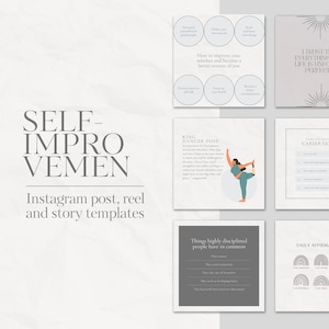 May include: A set of Instagram post, reel, and story templates for self-improvement. The templates feature quotes, affirmations, and illustrations of a woman in a yoga pose.