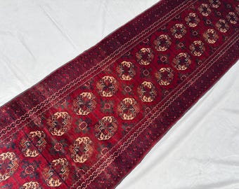 Handwoven Bokhara Afghan Runner Rug | 9.6ft x 2.6ft, Red Wool, Classic Traditional Design for Entryway & Home Décor