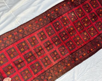Handmade Afghan Bokhara Rug – 9.17 x 3.83 Feet, Geometric Tribal Design, Vintage Oriental Rug, Bohemian Home Décor, Traditional Wool Carpet