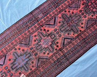 Vintage Handmade Afghan Runner – 11.4 x 3.8 ft, Tribal Star Design, Wool Carpet, Red, Black, Beige – Antique, Durable, Boho Hallway Decor