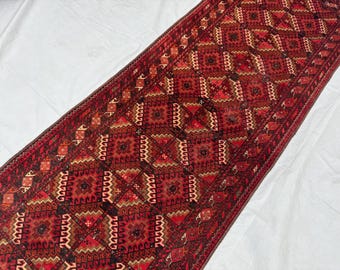 Vintage Yamooti Afghan Runner Rug | 9x3 ft Handwoven Wool, Tribal Geometric Design, Traditional Long Hallway Carpet for Entryway, Home Décor