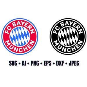 Könnte beinhalten: Zwei Versionen des FC Bayern München Logos werden gezeigt. Das linke Logo ist farbig und zeigt einen roten und blauen Außenring mit den Worten "FC BAYERN MUNCHEN" und ein weißes und blaues Rautenmuster in der Mitte. Das rechte Logo ist eine Schwarz-Weiß-Version.