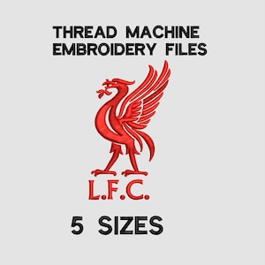May include: Red embroidered design of a bird with outstretched wings, the letters "L.F.C." below, and the words "5 SIZES". The text "THREAD MACHINE EMBROIDERY FILES" is above the bird. This design is for embroidery files.