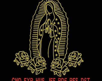 Virgin of Guadalupe Embroidery Design | Our Lady of Guadalupe Outline with Roses | Religious Machine Embroidery Digital File