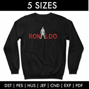 Puede incluir: Sudadera negra con el nombre "RONALDO" en letras rojas y una silueta blanca de una persona. El texto "5 TALLAS" está en la parte superior. La parte inferior de la imagen muestra "DST | PES | HUS | JEF | CND | EXP | PDF".