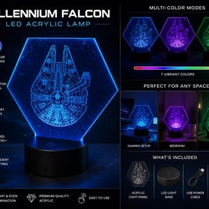 Könnte beinhalten: Millennium Falcon LED Acryl-Lampe mit Mehrfarbmodi. Die Lampe verfügt über eine Touch-Button-Steuerung und ist USB-betrieben. Das Design umfasst ein detailliertes Bild des Raumschiffs Millennium Falcon, mit einem schwarzen Sockel und einer transparenten Acrylplatte.