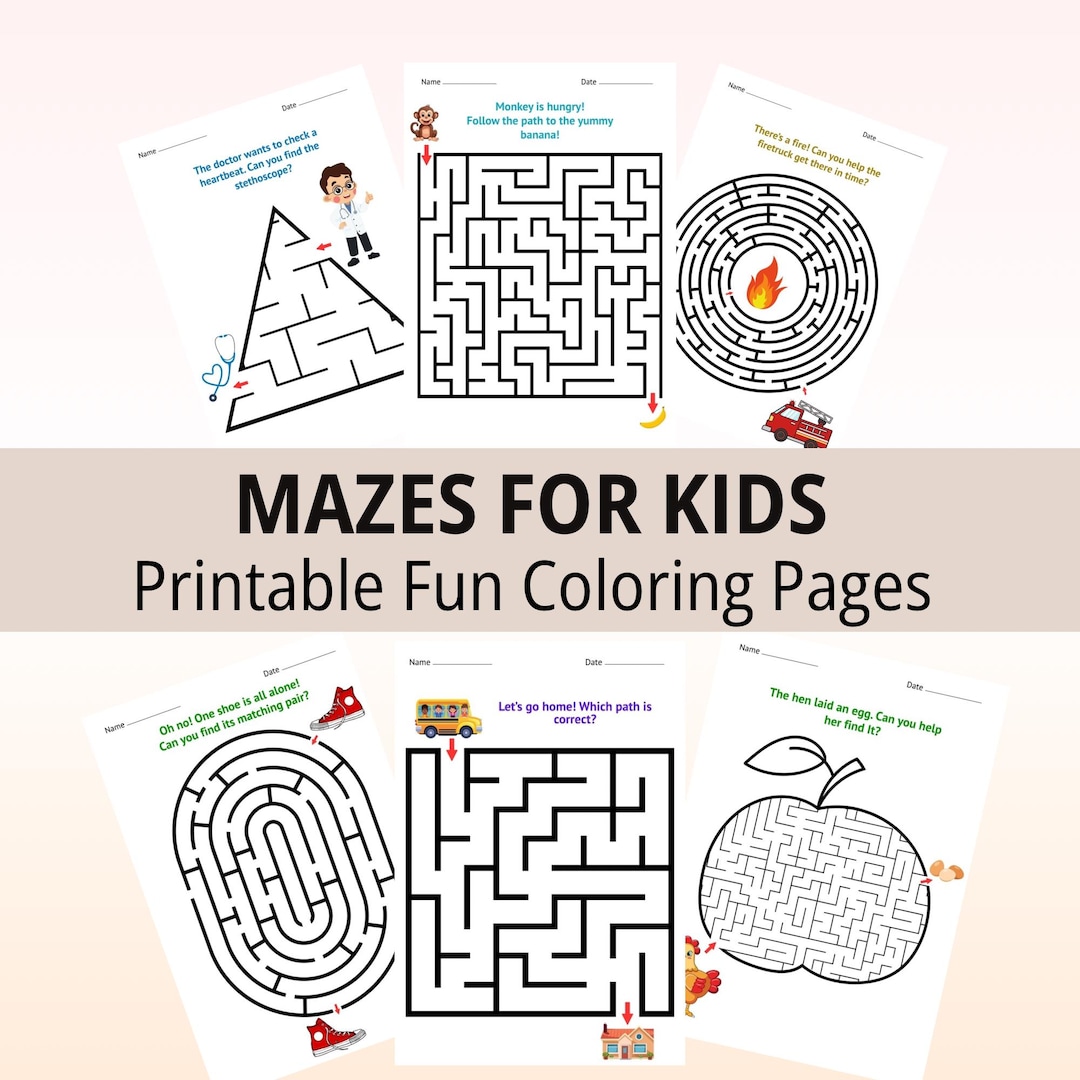 Kids Fun Maze Activity Worksheets, Preschool Activity, Instant Download