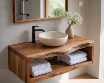 Mueble de baño flotante con borde natural, estante de pared de madera maciza con almacenamiento.