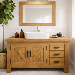 Rustic Farmhouse Solid Wood Bathroom Vanity with Double Barn Doors and Three Side Drawers