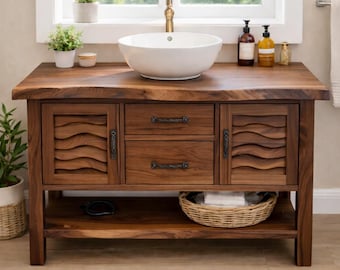 Massivholz Badezimmer Waschtisch mit Sculpted Wave Türen und offener Ablage