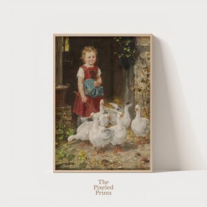 Little Girl with Geese Printable Wall Art | Vintage Farmhouse Animal Scene | Digital Download | Rustic Cottagecore Decor