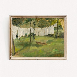 Rustic Laundry Scene PRINTABLE WALL ART | Vintage Impressionist Landscape | Country Clothesline Decor | Digital Download