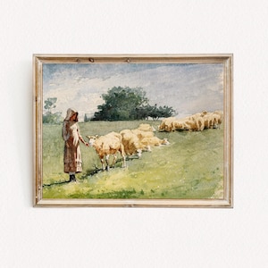 Rustic Farmhouse PRINTABLE WALL ART | Vintage Shepherdess with Sheep | Country Landscape Digital Download
