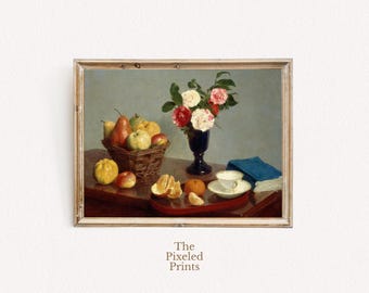 May include: A still life painting of a bowl of fruit, a vase of pink and white flowers, and a cup and saucer on a wooden table.
