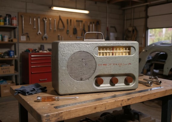 A real 1946 Detrola steel radio gutted and reborn as a Bluetooth speaker — actual vintage industrial bones, not a reproduction.