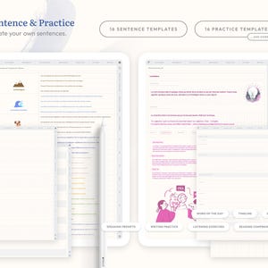 Create and practice full sentences with 16 structured templates. Includes Q&A writing, dialogs, reading comprehension, word of the day, timelines, and more to reinforce language use in context.