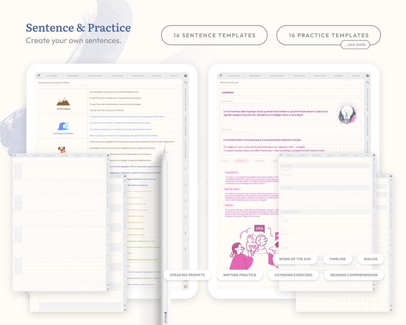 Create and practice full sentences with 16 structured templates. Includes Q&A writing, dialogs, reading comprehension, word of the day, timelines, and more to reinforce language use in context.