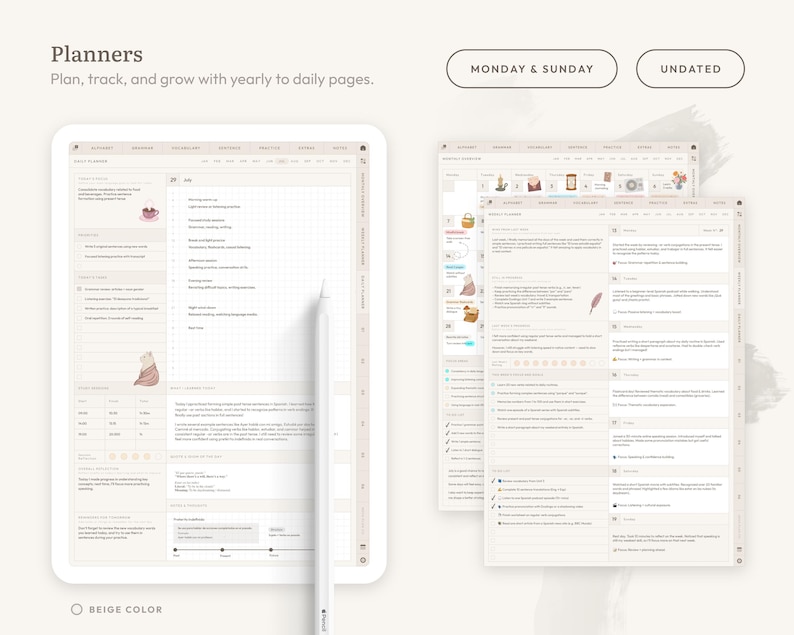 Plan your study routine with Yearly, Monthly, Weekly, and Daily planners. Includes Monday/Sunday start options. Organize goals, track progress, and stay motivated throughout your language journey.
