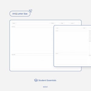 Op de afbeelding: Een printbare studentenplanner met secties voor vakken, huiswerk en takenlijsten. De planner is ontworpen voor A4- of letterformaat papier.