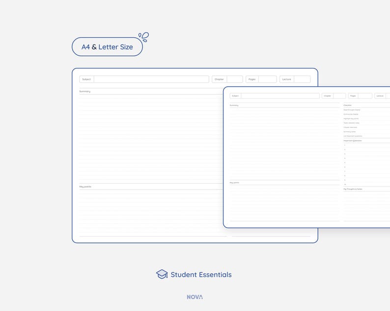Op de afbeelding: Een printbare studentenplanner met secties voor vakken, huiswerk en takenlijsten. De planner is ontworpen voor A4- of letterformaat papier.