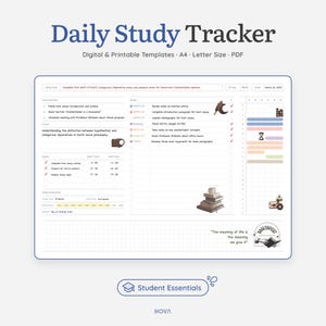May include: A digital and printable Daily Study Tracker template with a white background. The template includes sections for tasks, deadlines, and notes. Text on the image includes "Daily Study Tracker" and "Student Essentials."