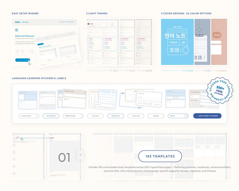 Pode incluir: Uma maquete de produto digital com modelos e adesivos de aprendizagem de idiomas. O design inclui v&aacute;rios layouts de estudo, com op&ccedil;&otilde;es para 3 temas claros e 3 designs de capa. O texto inclui "Easy Setup Wizard" e "183 Templates".