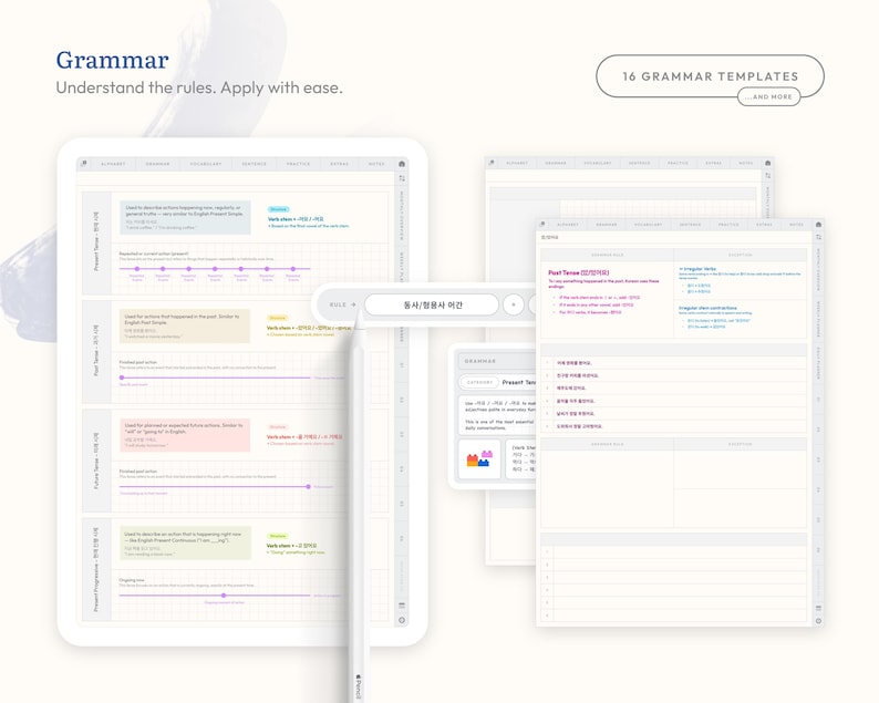 Understand key grammar rules with 16 customizable grammar templates. Break down sentence structures, verb tenses, particles, and more. Tailored for learners of Korean, Japanese, Chinese, Spanish, and other languages.