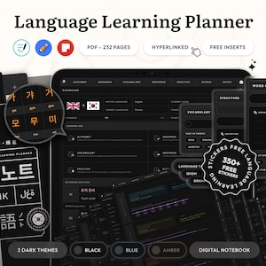 May include: A digital language learning planner with a dark theme, featuring a tablet and notebook. The planner includes vocabulary, practice sections, and free stickers. The text on the planner says "Language Learning Planner".