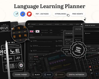 Dark Mode Language Learning Planner and Notebook – Study English, Spanish, Korean, Japanese, Chinese, French, German – Grammar, Vocabulary