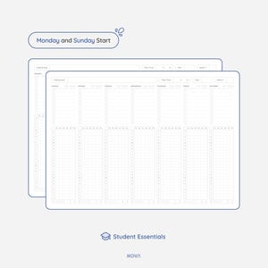 May include: A printable weekly planner template with a grid layout. The planner is designed for a Monday and Sunday start week. The template is labeled "Student Essentials" and "NOVA".