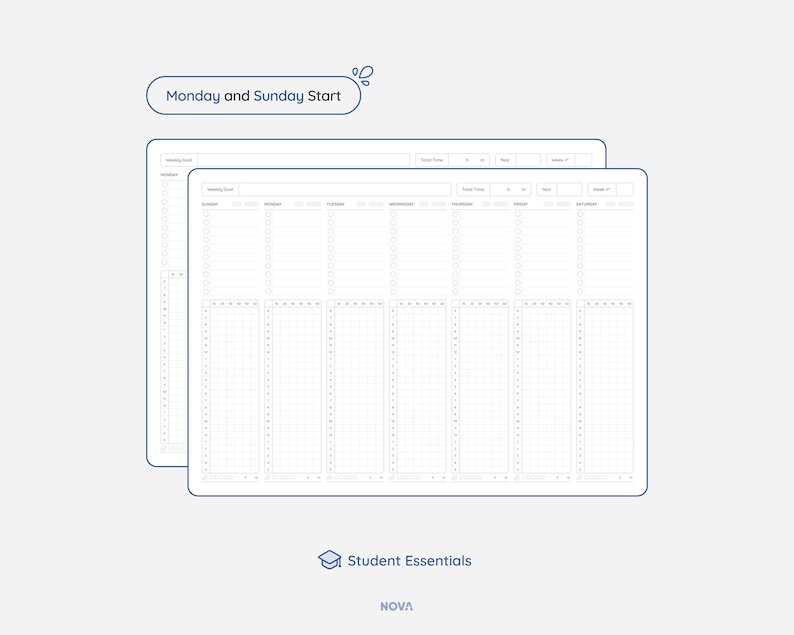 May include: A printable weekly planner template with a grid layout. The planner is designed for a Monday and Sunday start week. The template is labeled "Student Essentials" and "NOVA".
