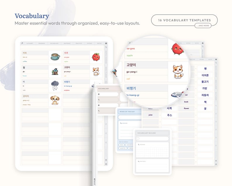 Build a powerful word bank using 16 vocabulary templates. Organize new words, categorize by theme, and use sticky labels and four-square layouts to strengthen your vocabulary retention for any language.