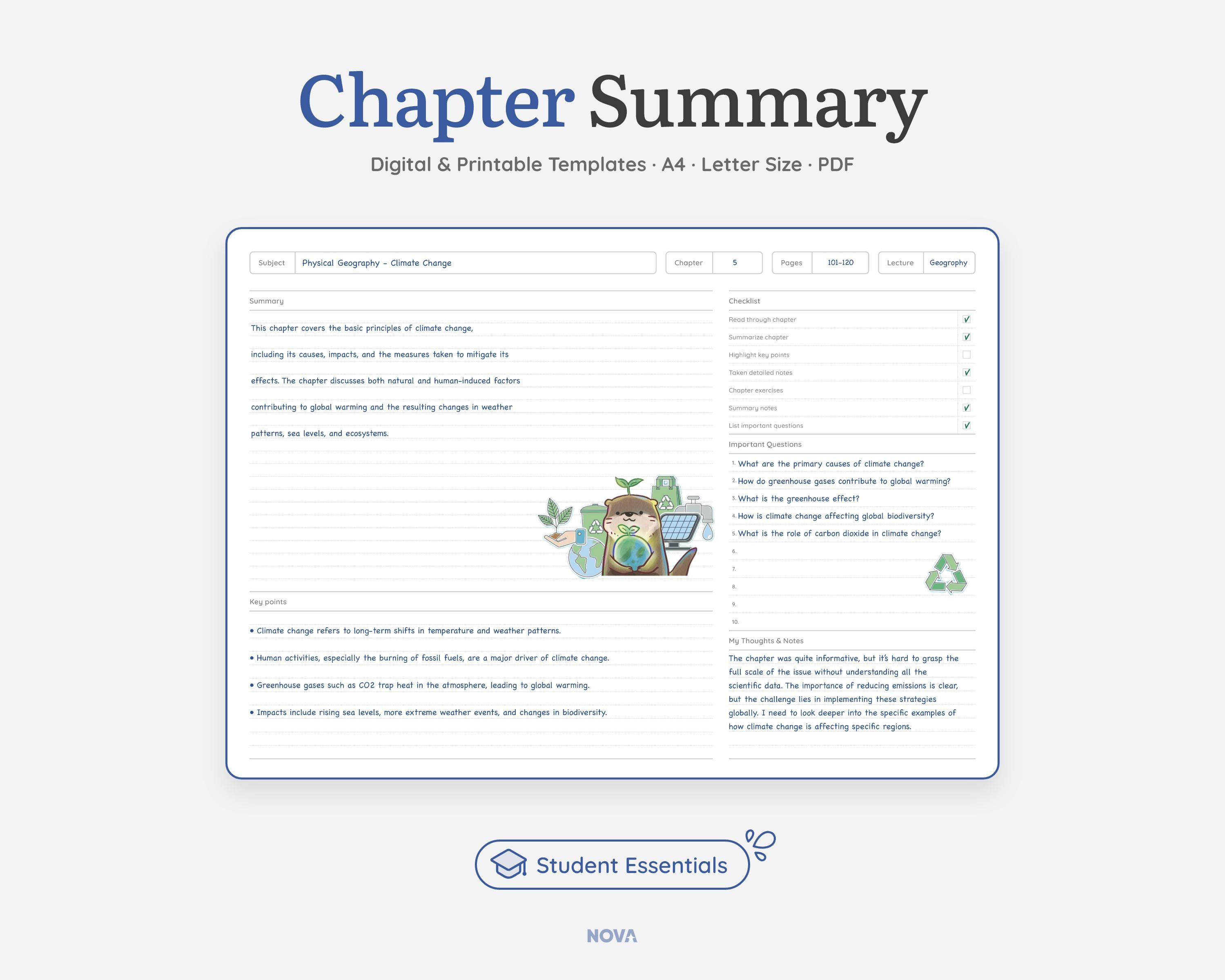 Chapter Summary Template: Study Notes (digital and Printable PDF) - Etsy