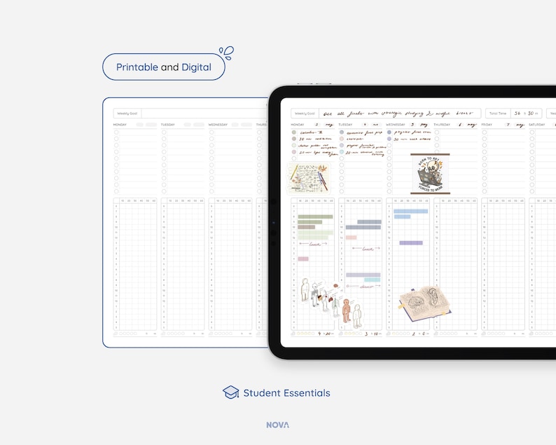 May include: A digital planner with a weekly layout, featuring a grid with sections for daily tasks, notes, and a to-do list. The planner also includes a section for tracking goals and progress. The planner is designed for students and includes a section for tracking assignments and deadlines.