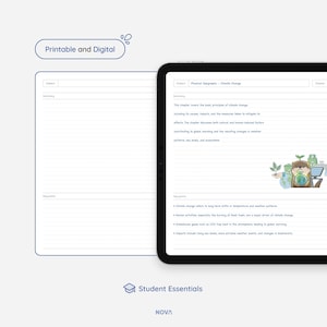 Op de afbeelding: Een digitale tablet met een lesplan over klimaatverandering. Het lesplan bevat een sectie over de oorzaken, de impact en de maatregelen die worden genomen om klimaatverandering te verzachten. De tablet bevat ook een kleurrijke illustratie van een groene boom met een wereldbol erin, omringd door andere elementen uit de omgeving.
