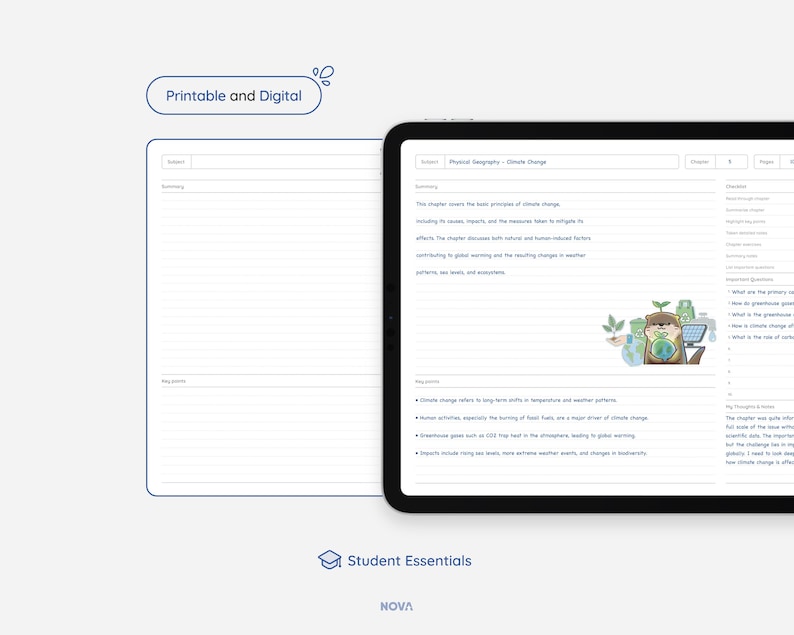 Op de afbeelding: Een digitale tablet met een lesplan over klimaatverandering. Het lesplan bevat een sectie over de oorzaken, de impact en de maatregelen die worden genomen om klimaatverandering te verzachten. De tablet bevat ook een kleurrijke illustratie van een groene boom met een wereldbol erin, omringd door andere elementen uit de omgeving.