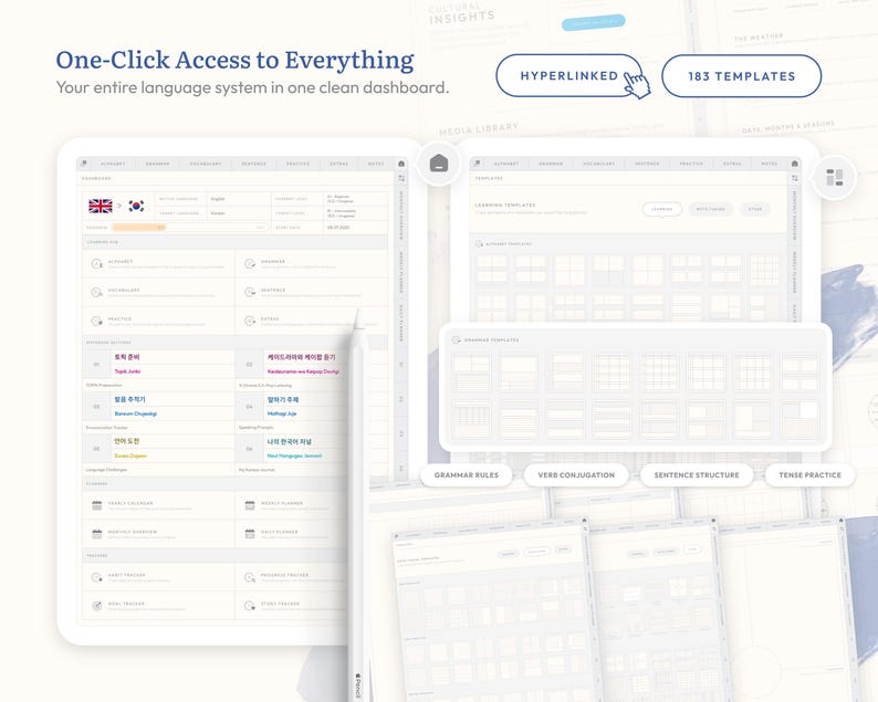 Packed with 183 unique templates for learning any language. Includes grammar charts, vocabulary banks, practice pages, sentence builders, stickers, planners, trackers, and more. Choose between 6 color themes and customize your learning experience.