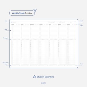 May include: A black and white weekly study tracker planner with sections for goals, tasks, timetable, productivity rate, week, day, and time. The planner has a grid layout with dotted lines.