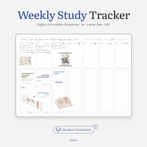 May include: A printable weekly study tracker template in A4 letter size PDF format. The template features a grid layout with sections for daily tasks, notes, and a to-do list. The template is designed to help students stay organised and on track with their studies.