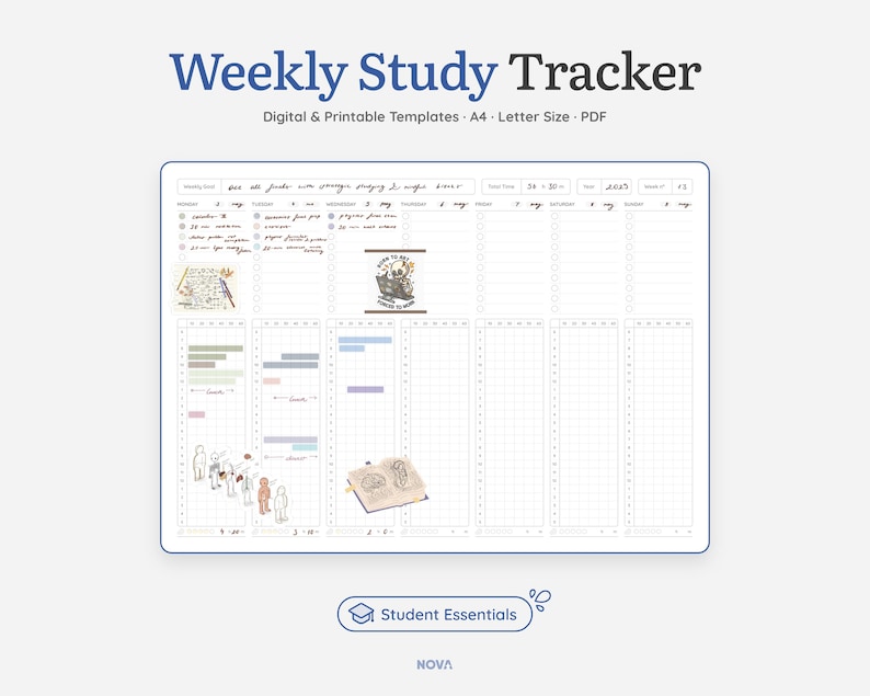 May include: A printable weekly study tracker template in A4 letter size PDF format. The template features a grid layout with sections for daily tasks, notes, and a to-do list. The template is designed to help students stay organized and on track with their studies.