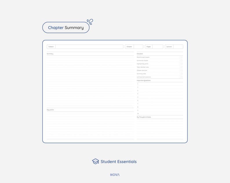 Op de afbeelding: Een afdrukbare sjabloon voor een hoofdstuksamenvatting met secties voor onderwerp, samenvatting, details, notities en beoordelingsvragen. De sjabloon is ontworpen voor studenten om hun notities te organiseren en te studeren voor examens.