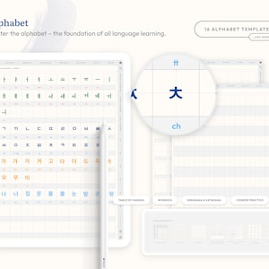 Start learning from the basics with 16 alphabet templates including Hangul, Hiragana, Katakana, Kanji, and Chinese characters. Practice alphabet letters and structure your learning with easy-to-use pages and handwriting practice sheets.