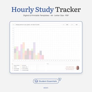 Può includere: Un modello di tracciamento dello studio orario stampabile in formato PDF. Il modello presenta una griglia per tracciare le ore di studio, una sezione per elencare gli argomenti di studio e una citazione motivazionale. Il modello è progettato per carta di formato A4 o Letter.