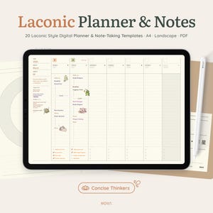 May include: A digital planner and note-taking template displayed on a tablet screen. The template is in landscape format and features a monthly calendar with a grid layout. The calendar is labelled "March" and has a light beige background with dark grey lines. The template also includes a section for notes and tasks. The template is designed in a minimalist style with a focus on functionality.