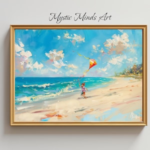 Child Flying Kite Beach Print - Vibrant Coastal Canvas, Playful Seaside Wall Art, Joyful Ocean Breeze Painting, Summer Memories Decor -243