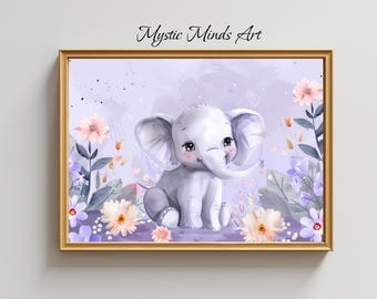 Adorable Baby Elephant Nursery Art | Watercolor Animal Print on Canvas or Fine Art Paper. Elephant with pastel colors, nursery art. -263
