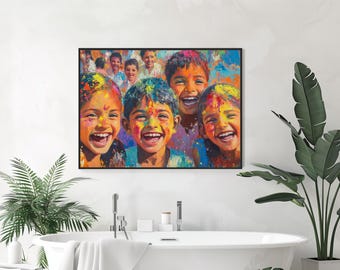 Holi Festival Painting of Smiling Children with Color Powder, Joyful Indian Celebration, Vibrant Cultural Decor - 379